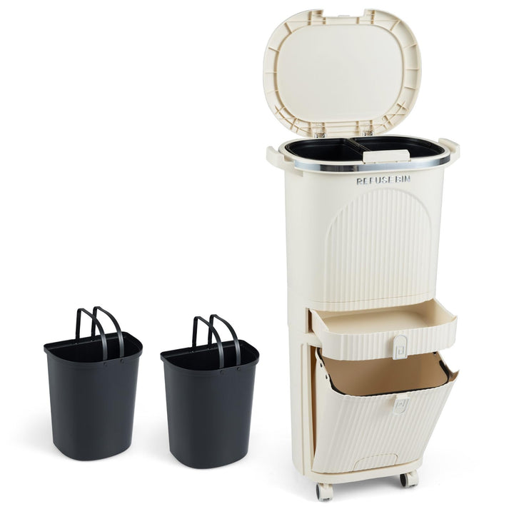 COSTWAY Mülleimer Küche, Mülltrennsystem 3 Fächer, 2 x 12L Inneneimer & 14L Treteimer, Abfalleimer m