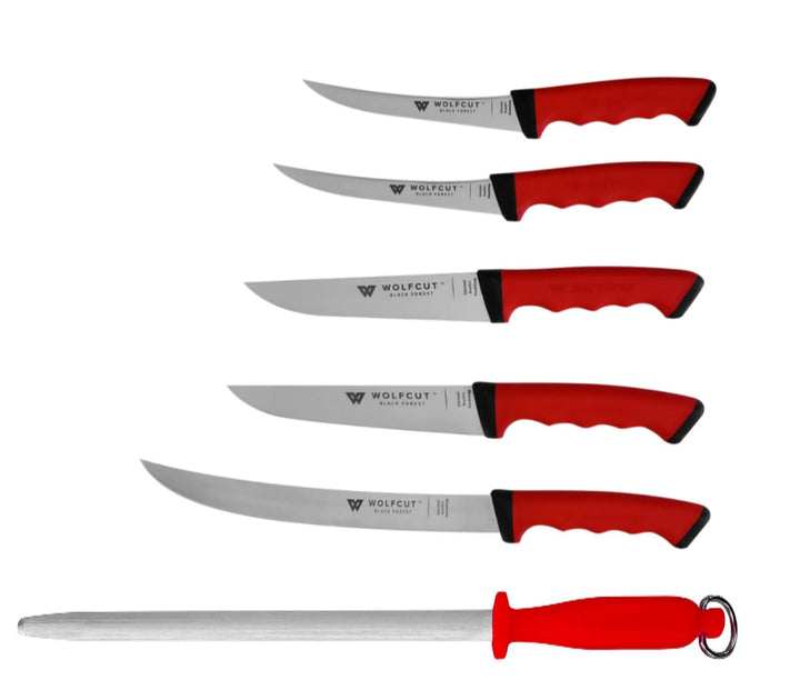 Wolfcut SoftGrip Serie - Metzgermesser-Set 6-tlg. - Ausbeinmesser13 und 15 cm, Stechmesser, Fleische