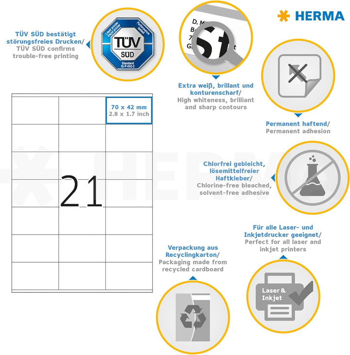 HERMA 4451 Adressetiketten, 100 Blatt, 70 x 42 mm, 21 Stück pro A4 Bogen, 2100 Aufkleber, selbstkleb