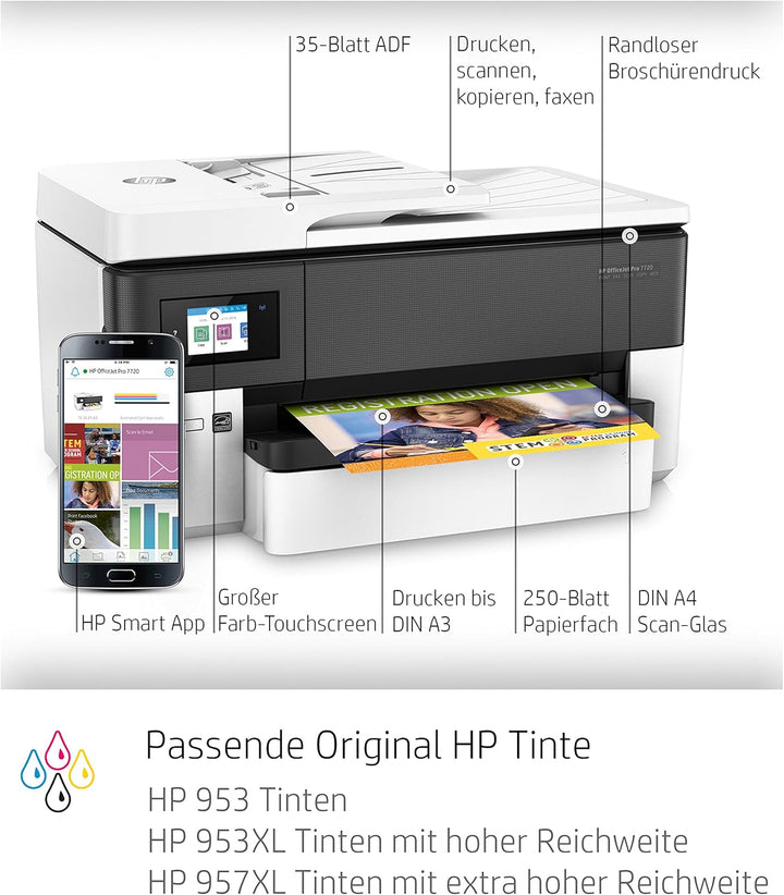 HP Officejet Pro 7720 All-in-One-Drucker — Farb-Tintenstrahldrucker (Kopieren, Scannen, Drucken, A3,