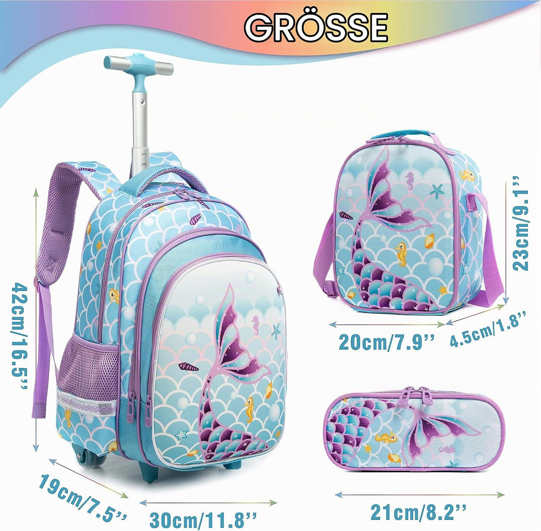 HTgroce Trolley Rucksack mit Rollen Schulranzen mit Rollen für Mädchen 16inch Meerjungfrau Schulranz