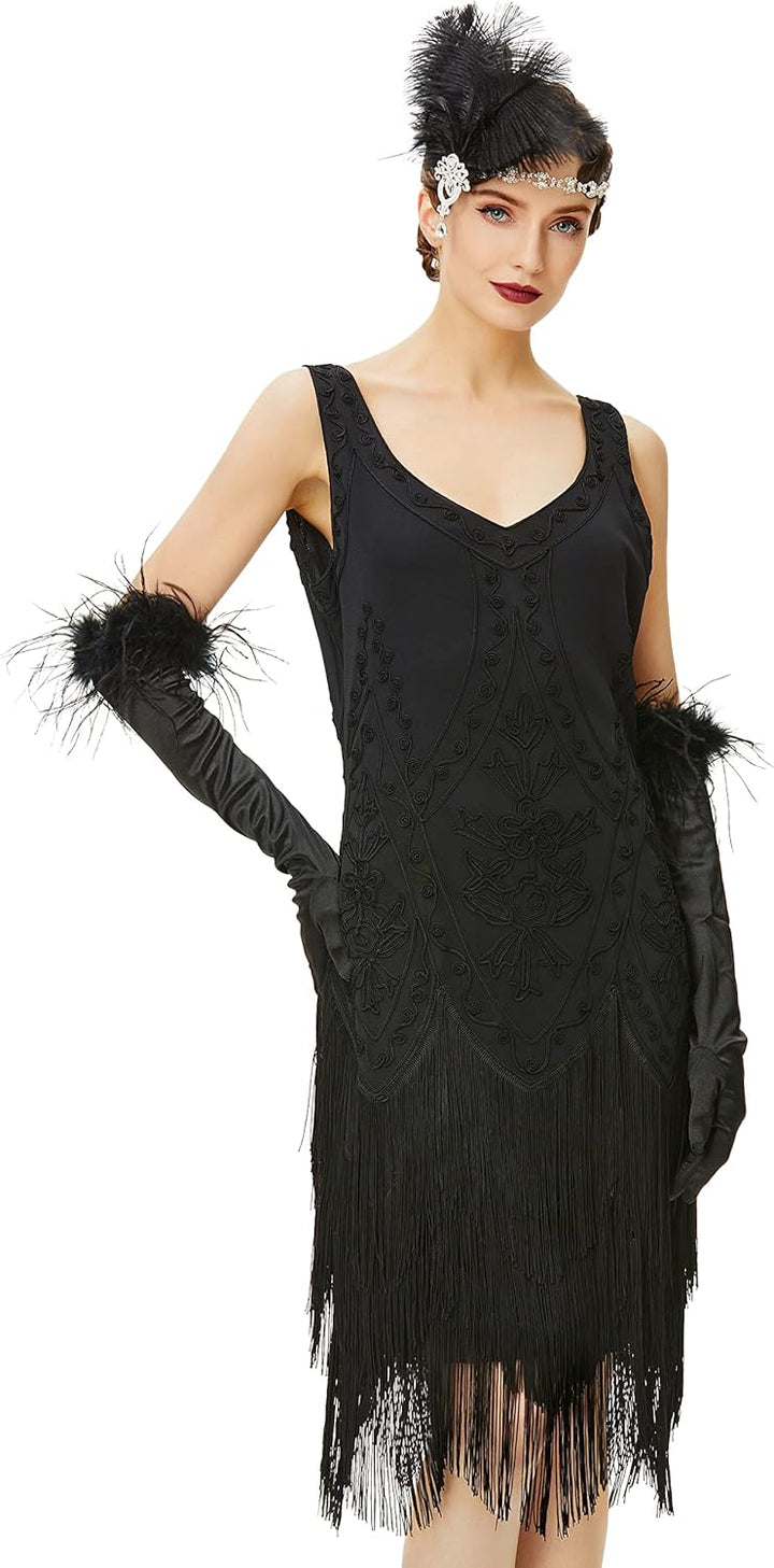 BABEYOND 1920s Kleid Damen Flapper Kleid ohne Ärmel V Ausschnitt Knielang Charleston Kleid Gatsby Mo