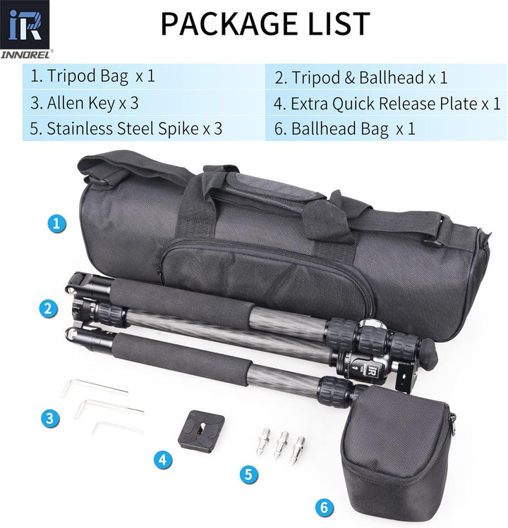 Tragbares 10-lagiges Carbonfaser-Stativ-INNOREL RT45C+N36 Professionelles, kompaktes, leichtes Reise
