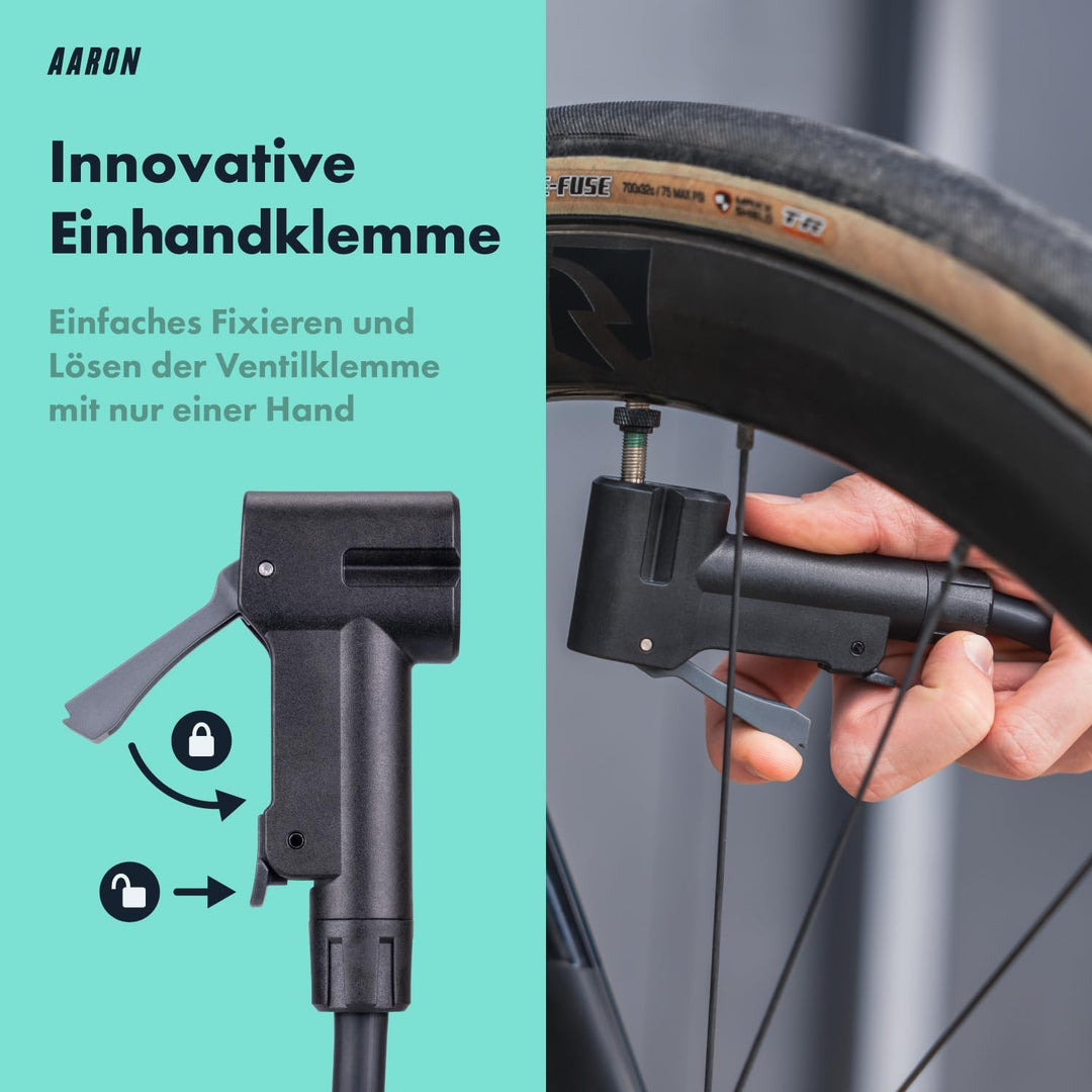 AARON Sport One Fahrrad Standpumpe mit Manometer für alle Ventile | Hochdruck Fahrradpumpe inkl. Bal