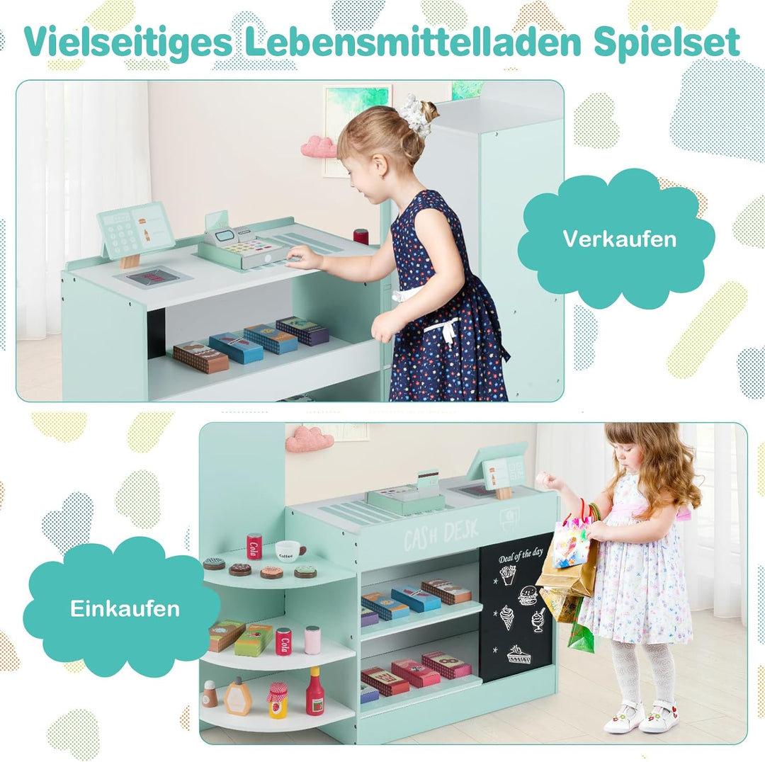 COSTWAY Kinder Kaufladen, Kaufmannsladen aus Holz mit Seitentheke, Supermarkt-Set mit Kasse, POS-Mas