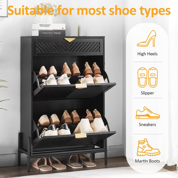 Schmaler Schuhschrank Schuhregal 2 Klappen Schublade, Schwarz | Schräge Holzmaserung, freistehend, v