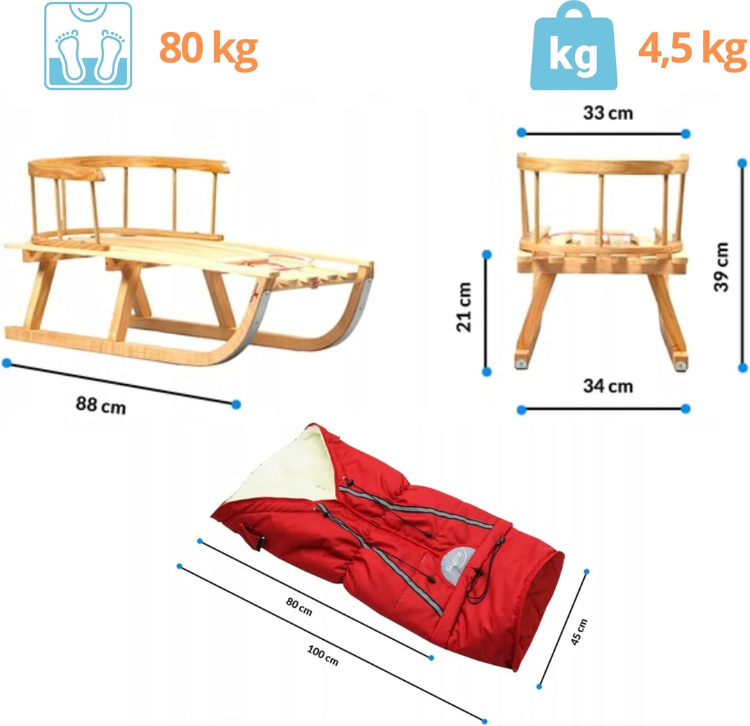 Schlitten aus Holz Holzschlitten für Kinder mit Rückenlehne Rodelschlitten Davoser Schlitten aus Hol