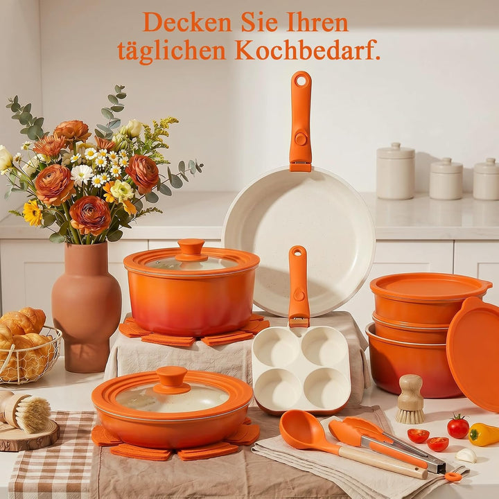 GiPP 21PCS Granit Topfset mit Abnehmbarer Griff,Induktions Topfsets Oranger Farbverlauf 21PCS-Gross,