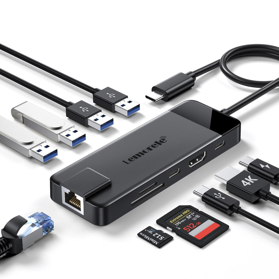 USB C HUB, Lemorele Docking Station 10-in-1 USB C Adapter mit 4K-HDMI, 4 USB 3.0/2.0, Gigabit Ethern