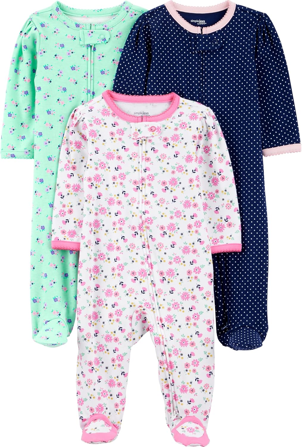Simple Joys by Carter's Baby-Mädchen Sleepers (3er Pack) 0 Monate Marineblau Punkte/Minzgrün Floral/