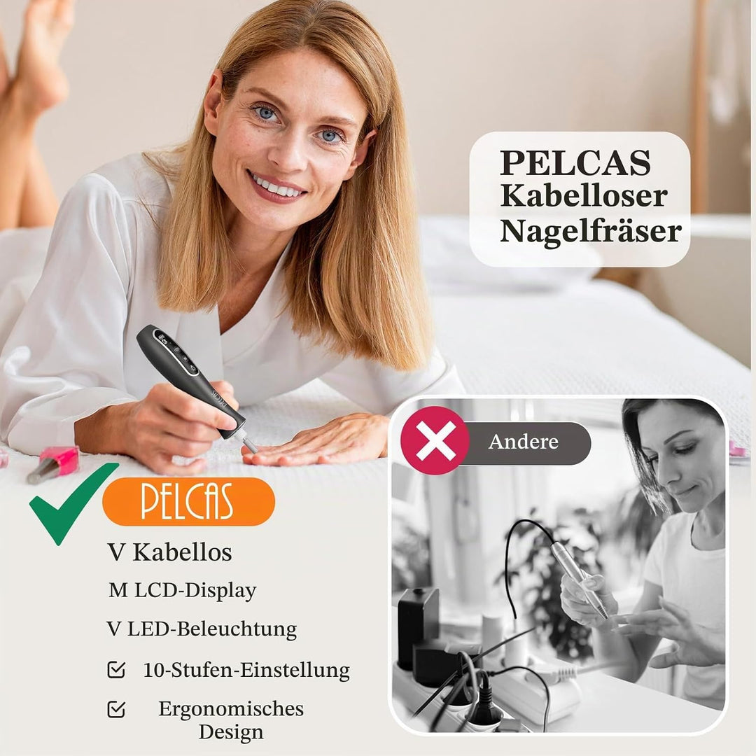 PELCAS Elektrische Nagelfräser 10 Geschwindigkeiten Schnurloser Nagelbohrer Professionell Nagelschle