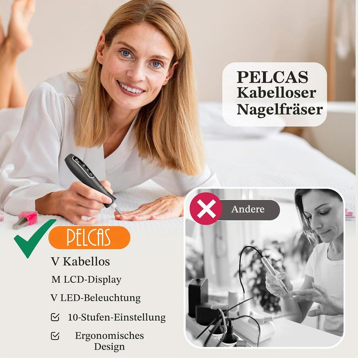 PELCAS Elektrische Nagelfräser 10 Geschwindigkeiten Schnurloser Nagelbohrer Professionell Nagelschle