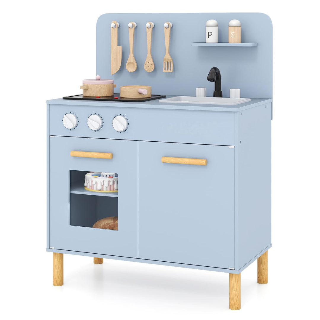 DREAMADE Kinderküche Holz mit 10 TLG. Zubehör, Kinder Küche mit Waschbecken Herd Backoffen, Mini Hol