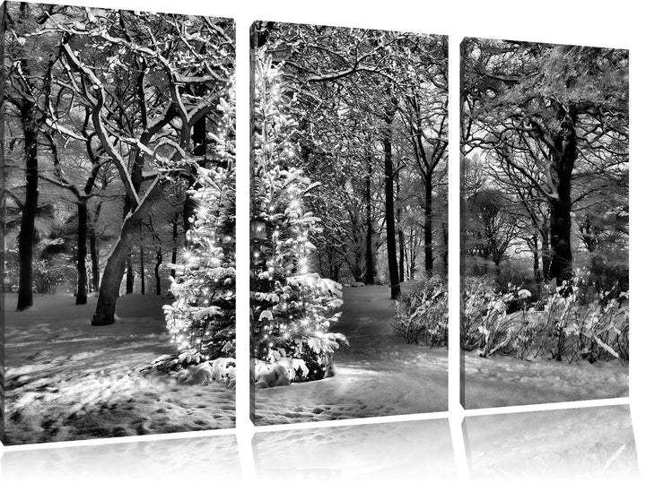 Pixxprint Monocrome, Leuchtender Weihnachtsbaum 3-Teiler Leinwandbild 120x80 Bild auf Leinwand