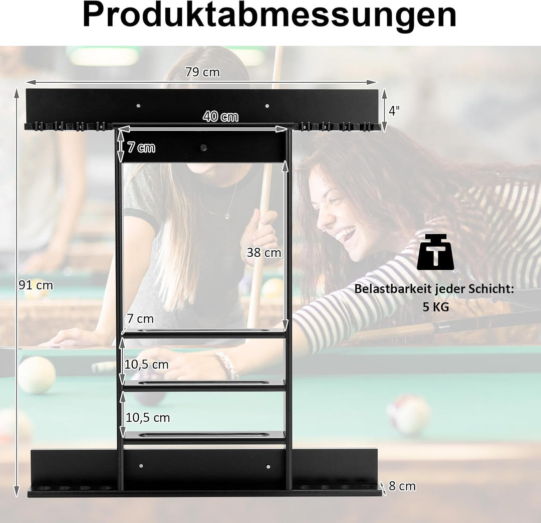 GOPLUS Billardständer, Pool Queue Halter aus Kiefernholz mit 8 Queue-Stifte, 3-stufig, Ball Rack Hal