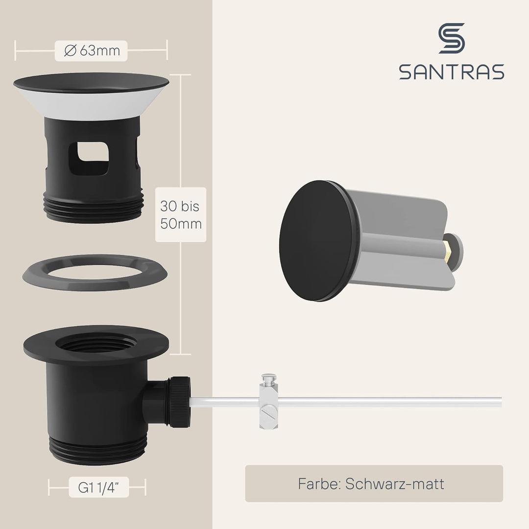 SANTRAS® Exzenter Ablaufgarnitur PREMIUM für Waschtisch mit Schutz vor Überlauf in Scharz Matt – Kom