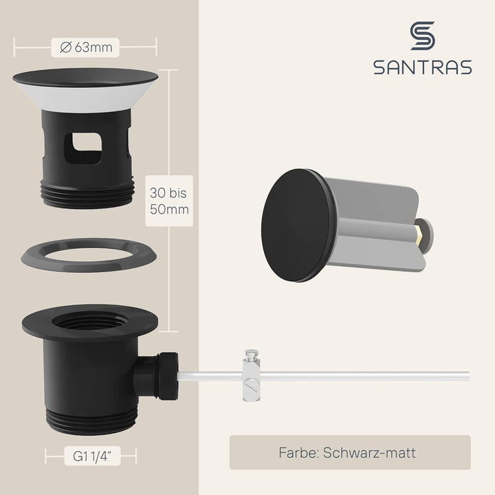 SANTRAS® Exzenter Ablaufgarnitur PREMIUM für Waschtisch mit Schutz vor Überlauf in Scharz Matt – Kom