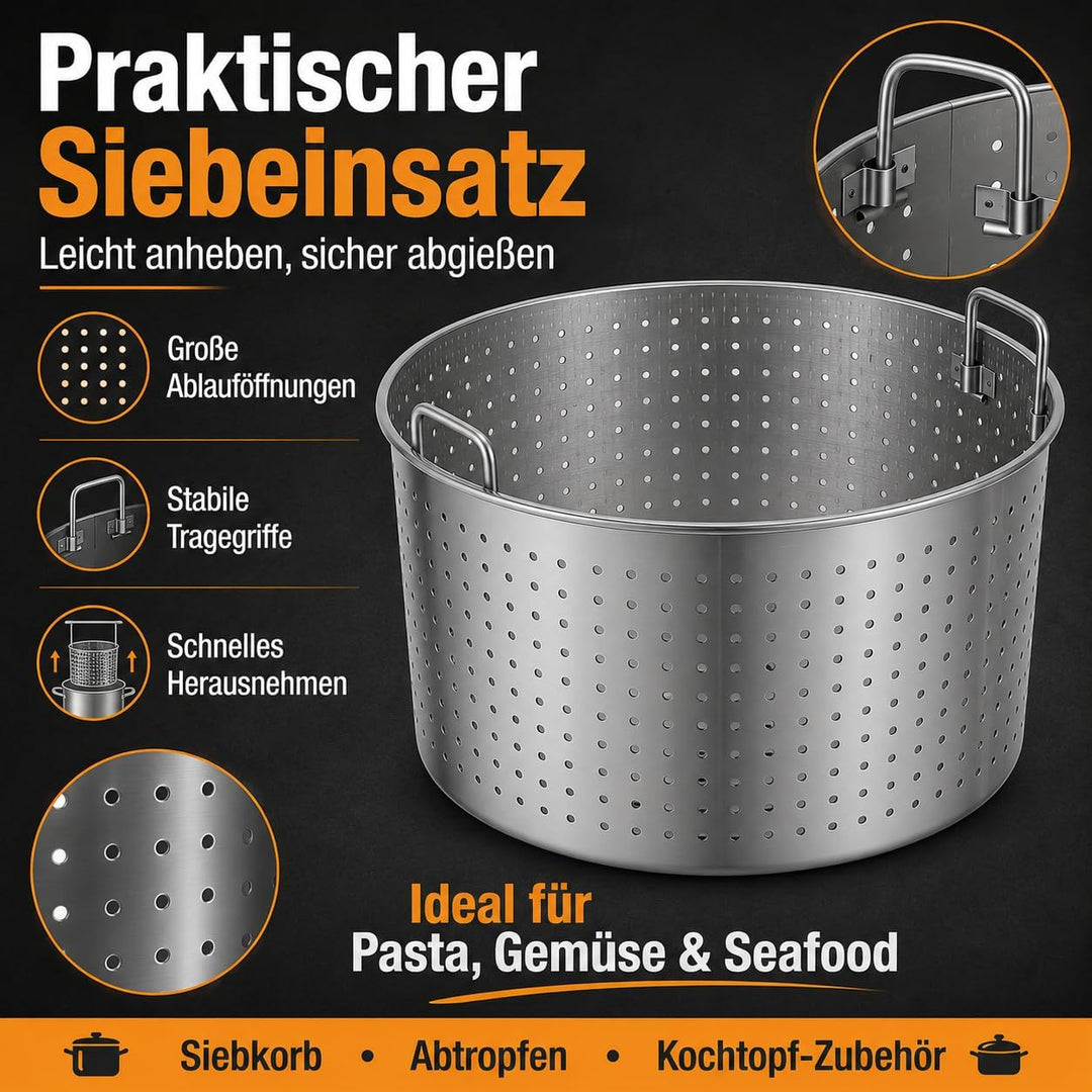100L Suppentopf mit Deckel und Siebkorb, Edelstahl Kochtopf Induktion Kompatibel, Grosser Gewerbetop