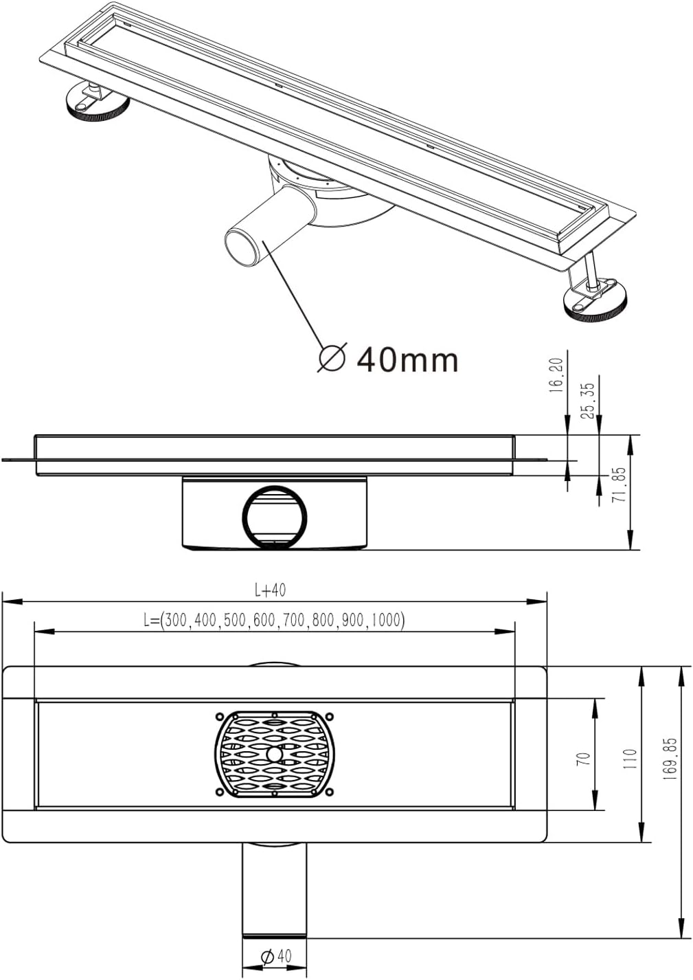 Duschrinne, 100cm,360?,Siphon mit Geruchsstop und Haarsieb Randablauf Befliesbar Edelstahl Ablaufrin