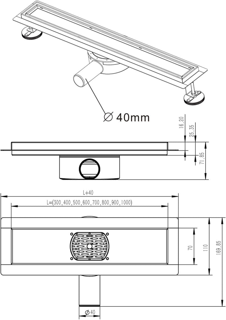 Duschrinne, 90cm,2 in 1,360 Grad,Siphon mit Geruchsstop und Haarsieb Randablauf Befliesbar Edelstahl