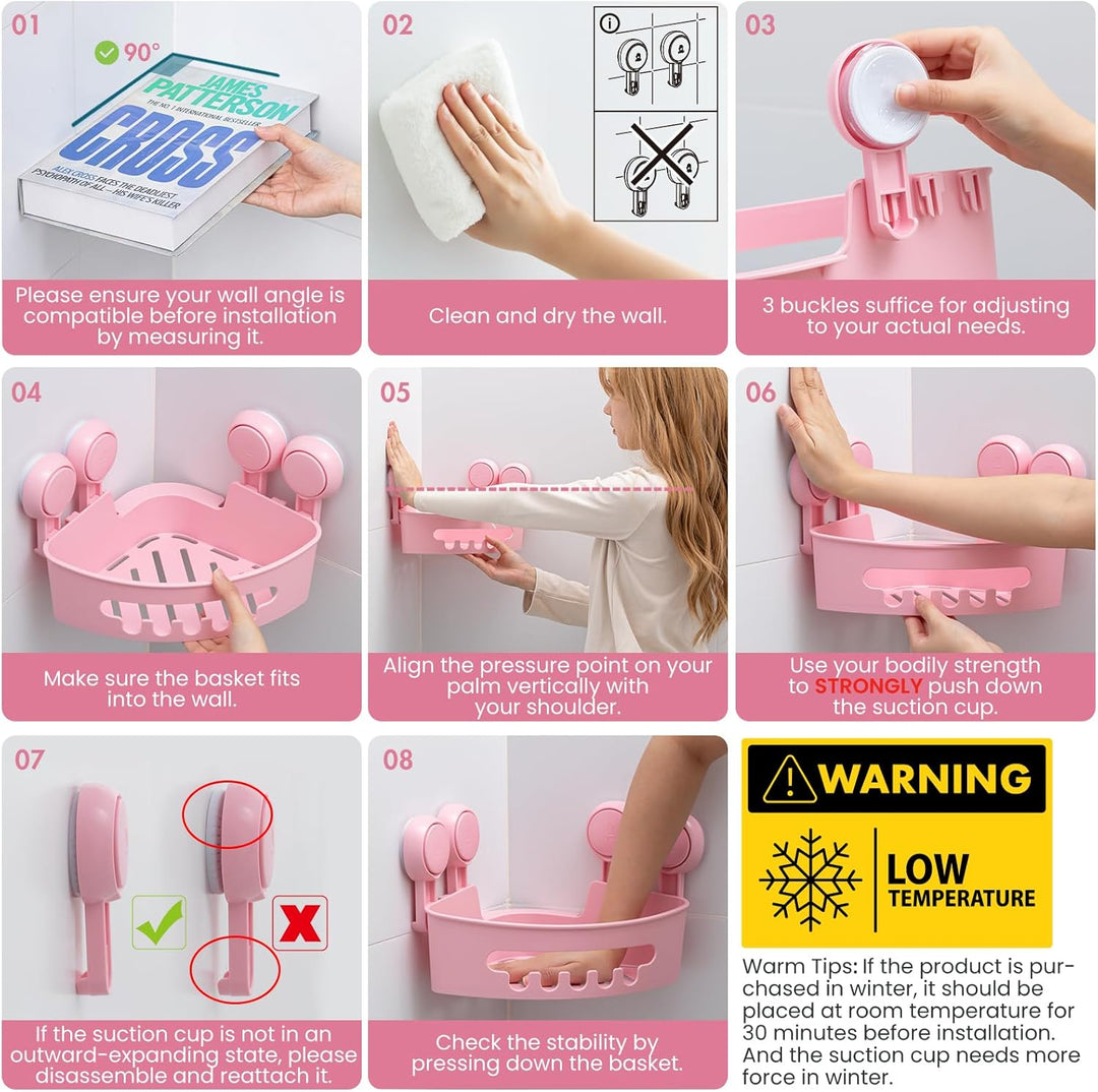TAILI Duschablage Ohne Bohren,Einstellbar Ecke Dusche Caddy Saugnapf 2er Set Dusche Zubehör mit Hake