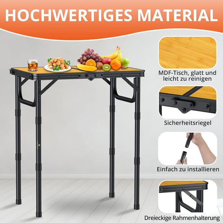 FUNYKICH Campingtisch Klapptisch 58x40cm, Faltbarer Grilltisch mit 3 Höhen Verstellbarer(26/48/70cm)