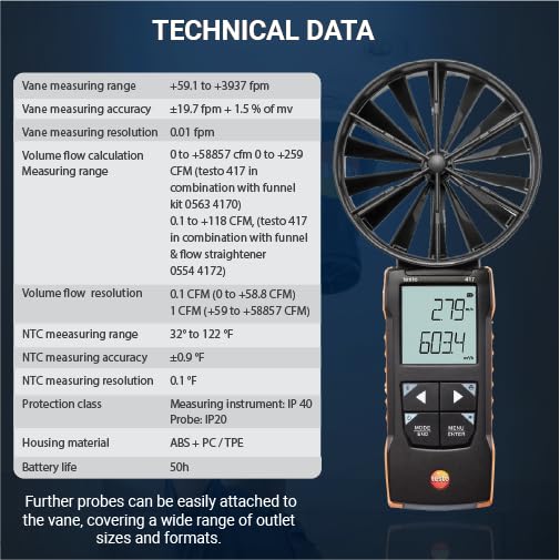 testo - 417 - 0563 0417 - Digitales 100 mm-Flügelrad-Anemometer mit App-Anbindung zur Messung von Lu