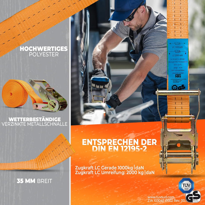 10 STÜCK Spanngurt Zurrgurt 4m 2t (2000 daN, KG) Einteilig 35mm mit Ratsche Ratschengurt TÜV/GS Gepr