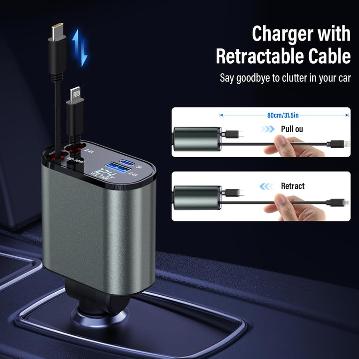 Auto Ladegerät Zigarettenanzünder USB C 4in1 56W, KFZ Ladegerät mit 2 einziehbaren Kabeln(Type C, Li