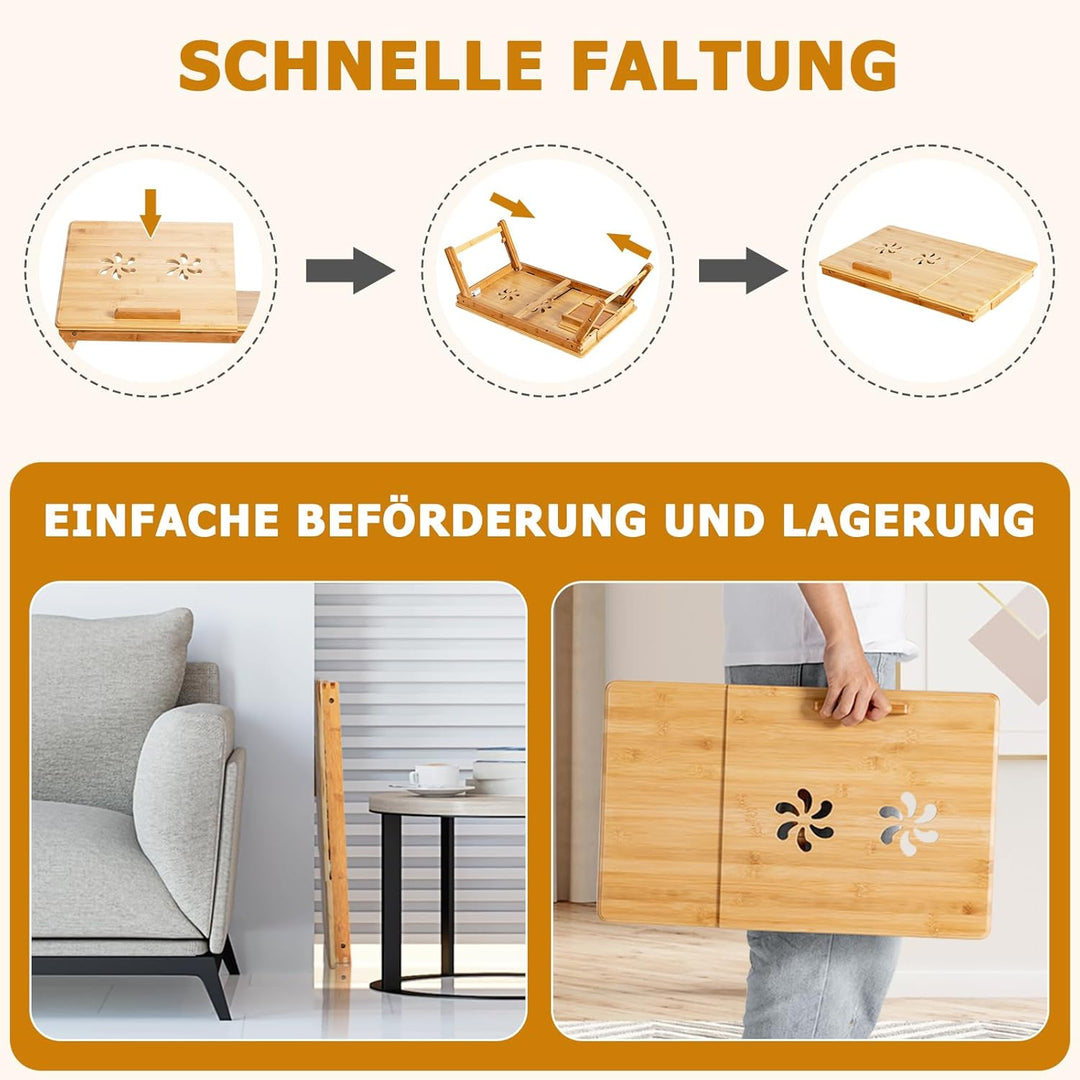 GYMAX höhenverstellbar Laptoptisch, klappbares Betttablett aus Bambus mit kippbarer Platte, ausziehb