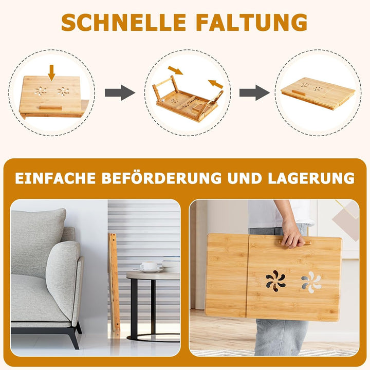 GYMAX höhenverstellbar Laptoptisch, klappbares Betttablett aus Bambus mit kippbarer Platte, ausziehb
