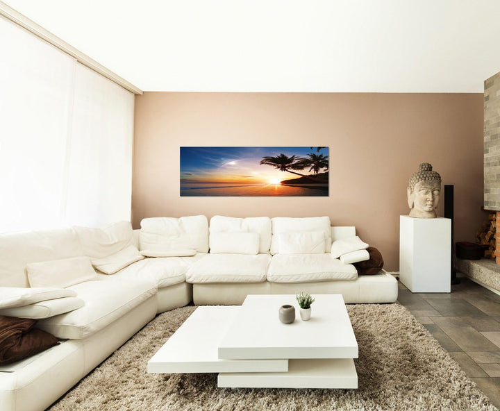 Panoramabild auf Leinwand und Keilrahmen 120x40cm Strand Meer Palmen Sonnenuntergang