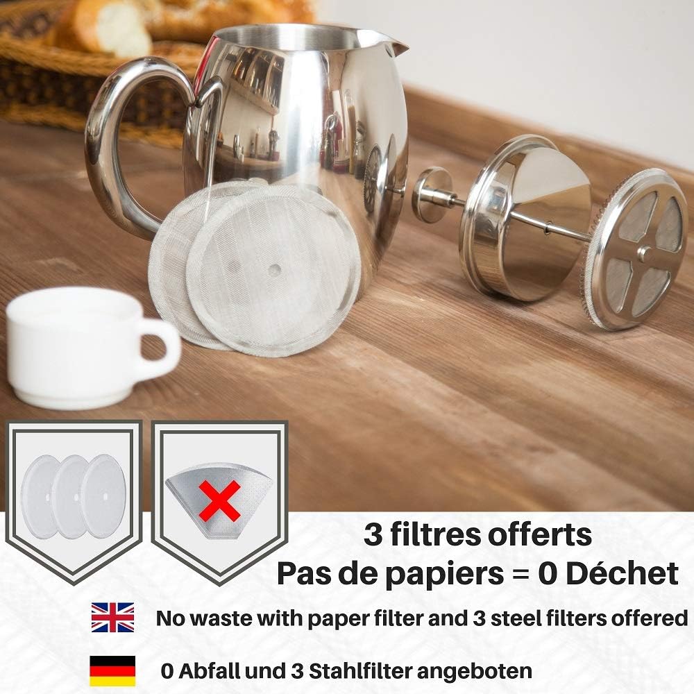 VeoHome French Press Kaffeebereiter Kaffeekanne unzerbrechlich und hält Ihren Kaffee dank der Doppel
