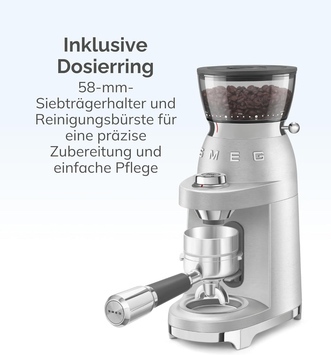 Smeg, Kaffeemühle CGF02SSEU, konisches Edelstahlmahlwerk, 50 Mahlgrad Einstellungen, 240 g Kaffeeboh