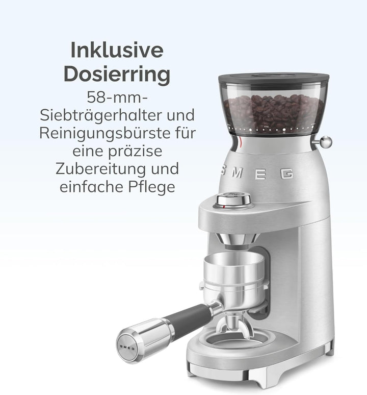 Smeg, Kaffeemühle CGF02SSEU, konisches Edelstahlmahlwerk, 50 Mahlgrad Einstellungen, 240 g Kaffeeboh