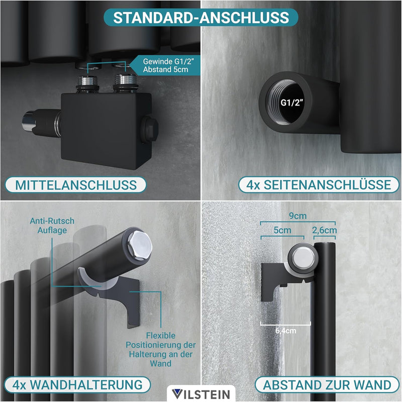 VILSTEIN Design Heizkörper Flach, Flachheizkörper, Paneelheizkörper, Wandheizkörper, Mittelanschluss