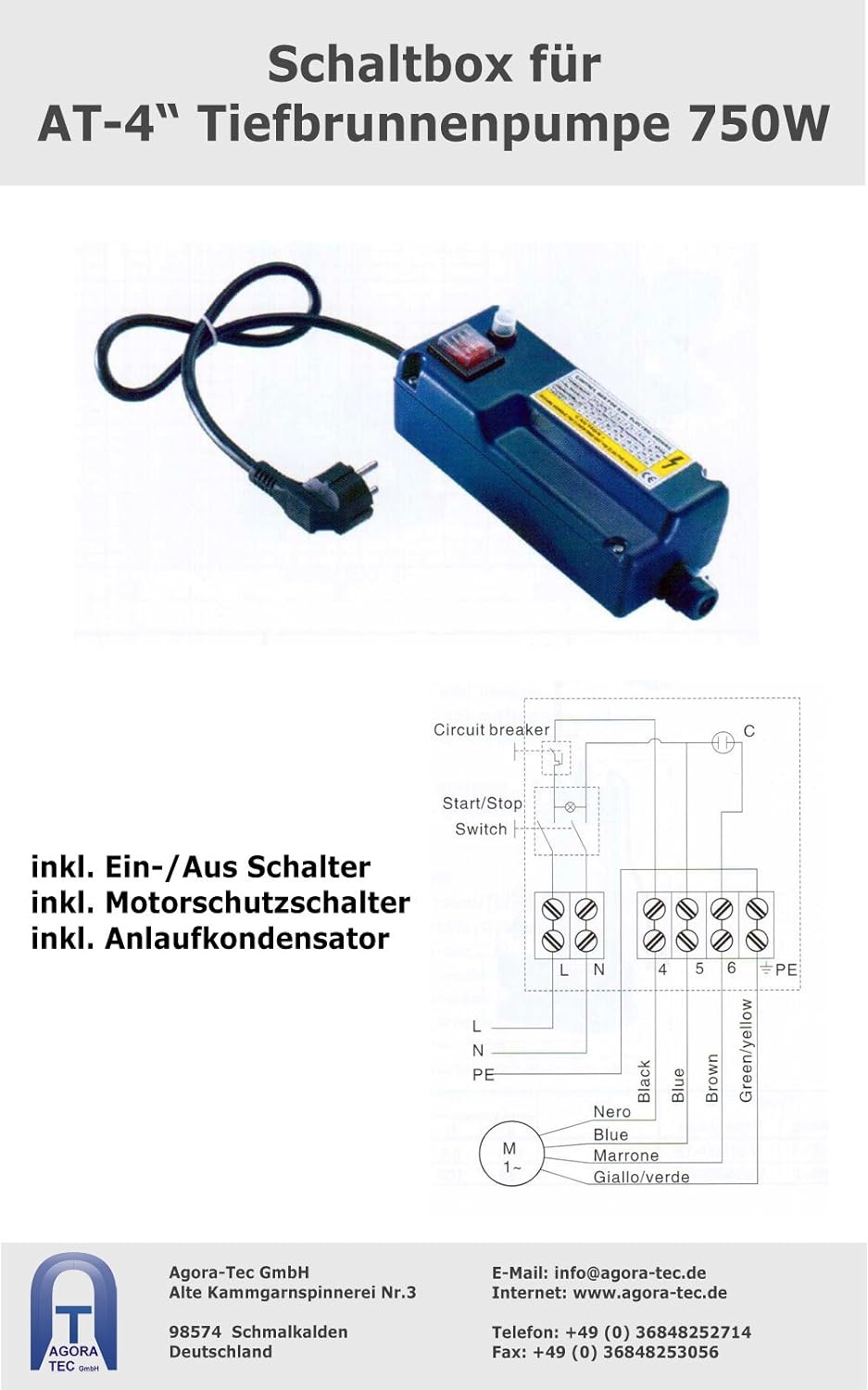 Agora-Tec® at- 4 Zoll 750-5DW Hochdruck Tauchpumpe für Zisternen und Wassertanks inkl. Druckschalter