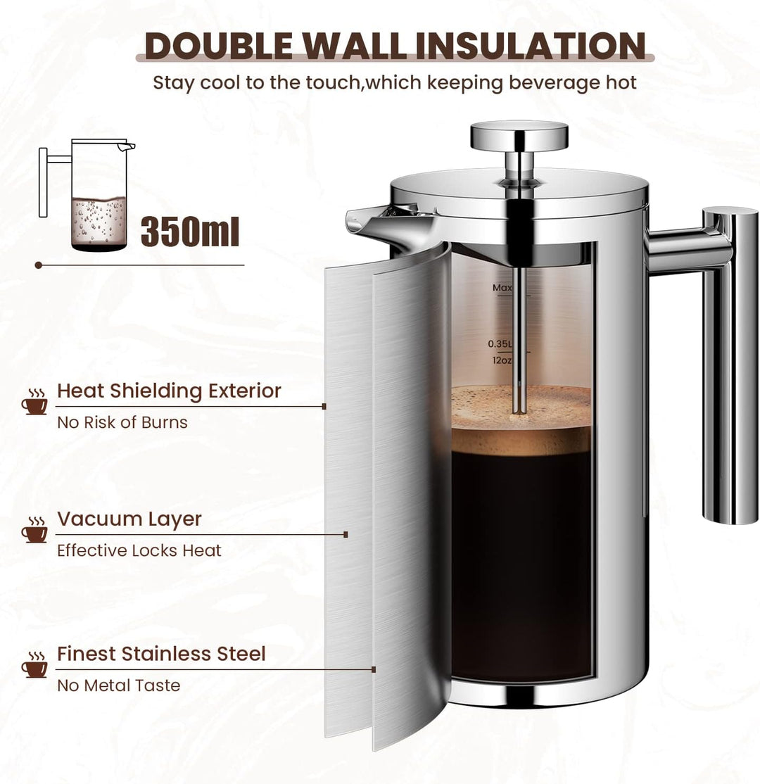 Velaze French Press Edelstahl Kaffeebereiter, 350ML Kaffeezubereiter für 2-3 Tassen, Doppelwandige F