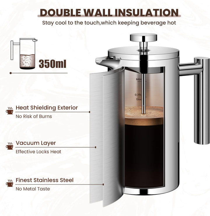Velaze French Press Edelstahl Kaffeebereiter, 350ML Kaffeezubereiter für 2-3 Tassen, Doppelwandige F