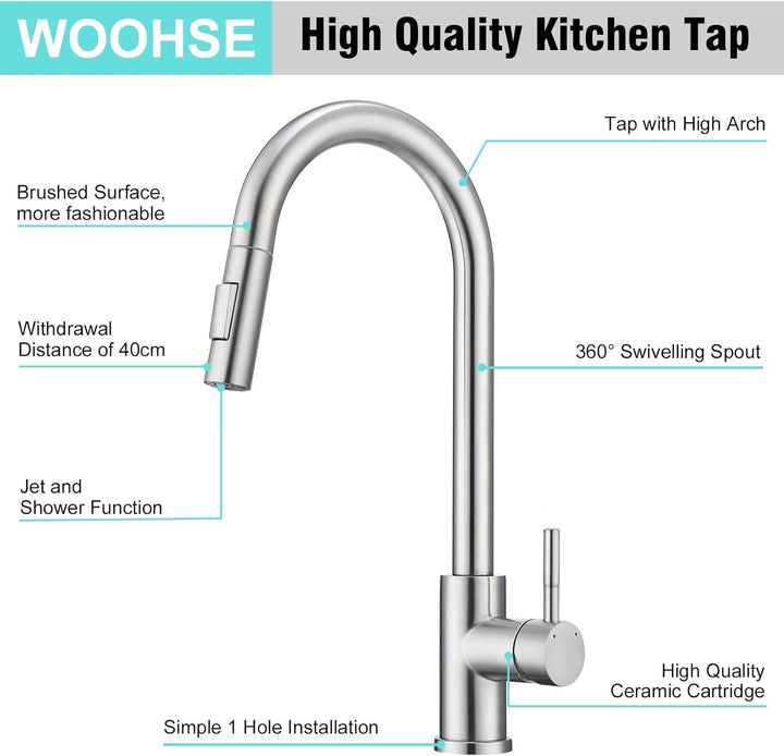 Niederdruck Armatur Küche, 360° Drehung Wasserhahn Küche mit Ausziehbare Brause, Küchenarmatur mit 3