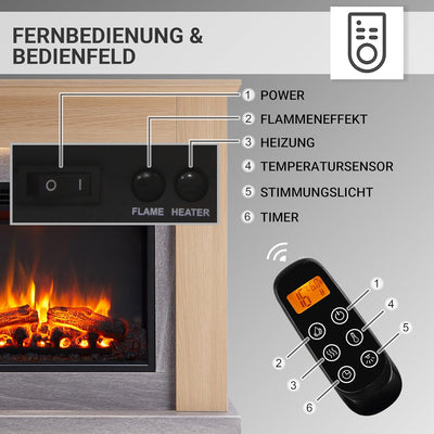 CrownFlame Hektor Elektrokamin - Elektrischer Standkamin mit Heizung 1000/2000 W, realistischer 3D-F