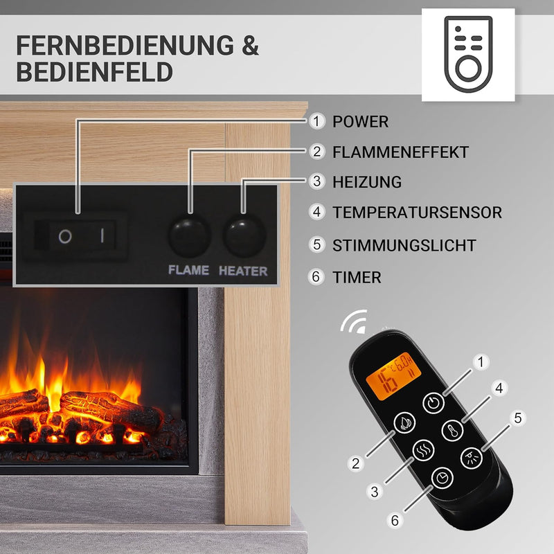 CrownFlame Hektor Elektrokamin - Elektrischer Standkamin mit Heizung 1000/2000 W, realistischer 3D-F