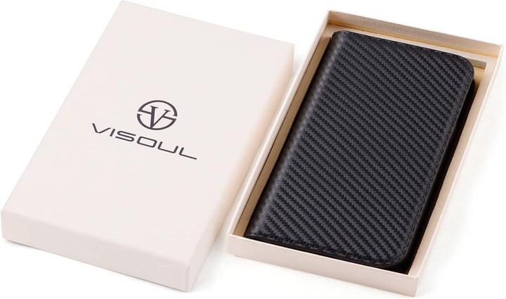 VISOUL iPhone 13 Hülle, Handyhülle [100% Karbonfaser-Leder] [RFID Schutz] [Schützt vor Stoss] [Stand