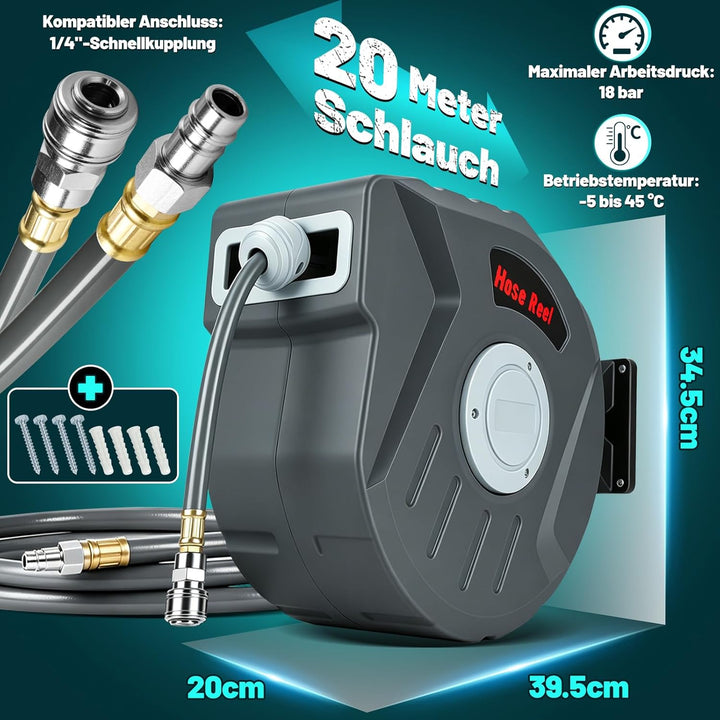Tubiaz Druckluftschlauchtrommel 20m, Schlauchtrommel druckluft Automatisch 1/4" Anschluss, PVC Lufts