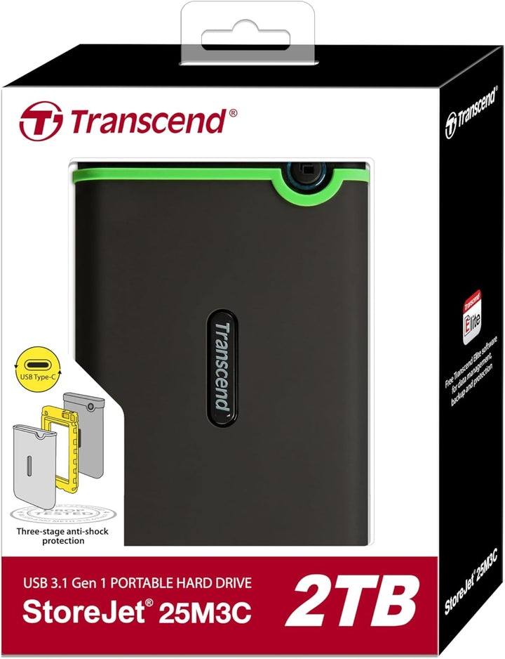 Transcend 2 TB USB Type-C Storejet 25M3C – 2, 5 Zoll Externe Festplatte Stossfest Typ C TS2TSJ25M3C,