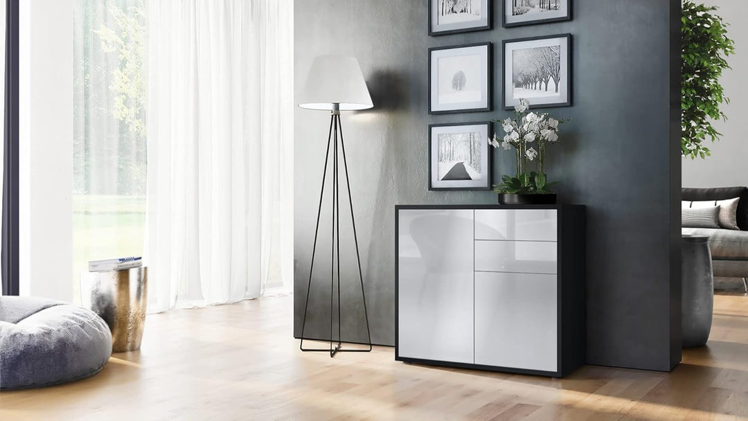 Vladon Sideboard Ben, Kommode mit 2 Türen und 2 Schubladen, Schwarz matt/Weiss Hochglanz (79 x 74 x