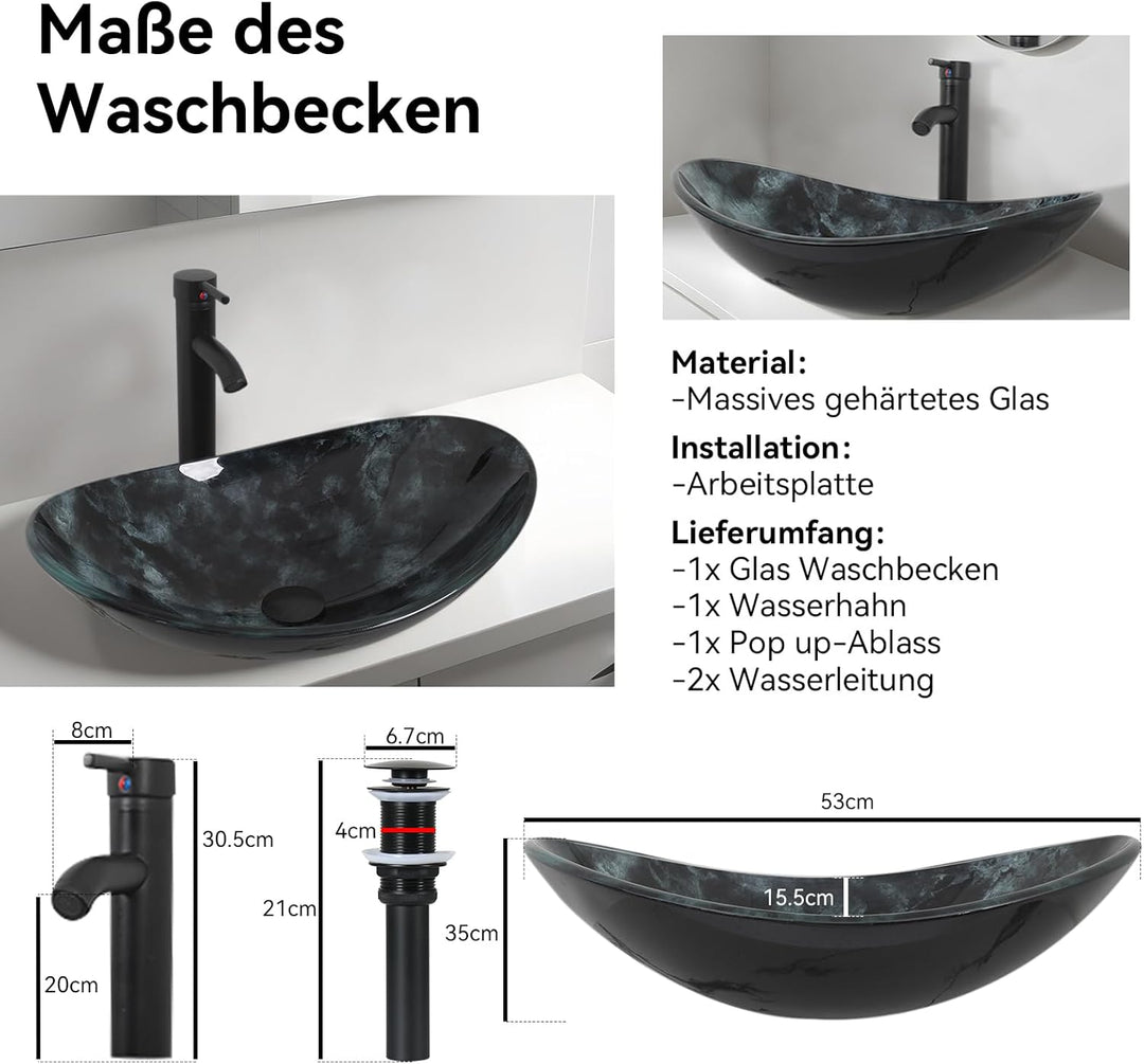 YU YUSING Waschbecken Glas Aufsatzwaschbecken Oval mit Wasserhahn Set, Waschtisch für Badezimmer Küc