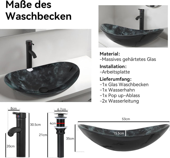 YU YUSING Waschbecken Glas Aufsatzwaschbecken Oval mit Wasserhahn Set, Waschtisch für Badezimmer Küc