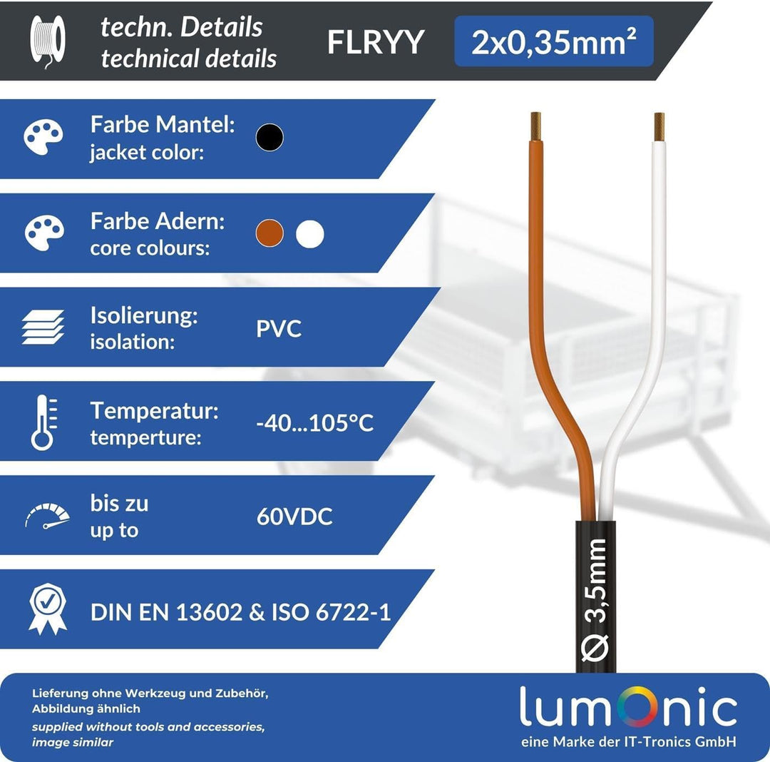 Lumonic 20m FLRYY Fahrzeugleitung 2x0,35mm² schwarz | 2-adrig | Anhängerkabel | mehradriges KFZ-Kabe