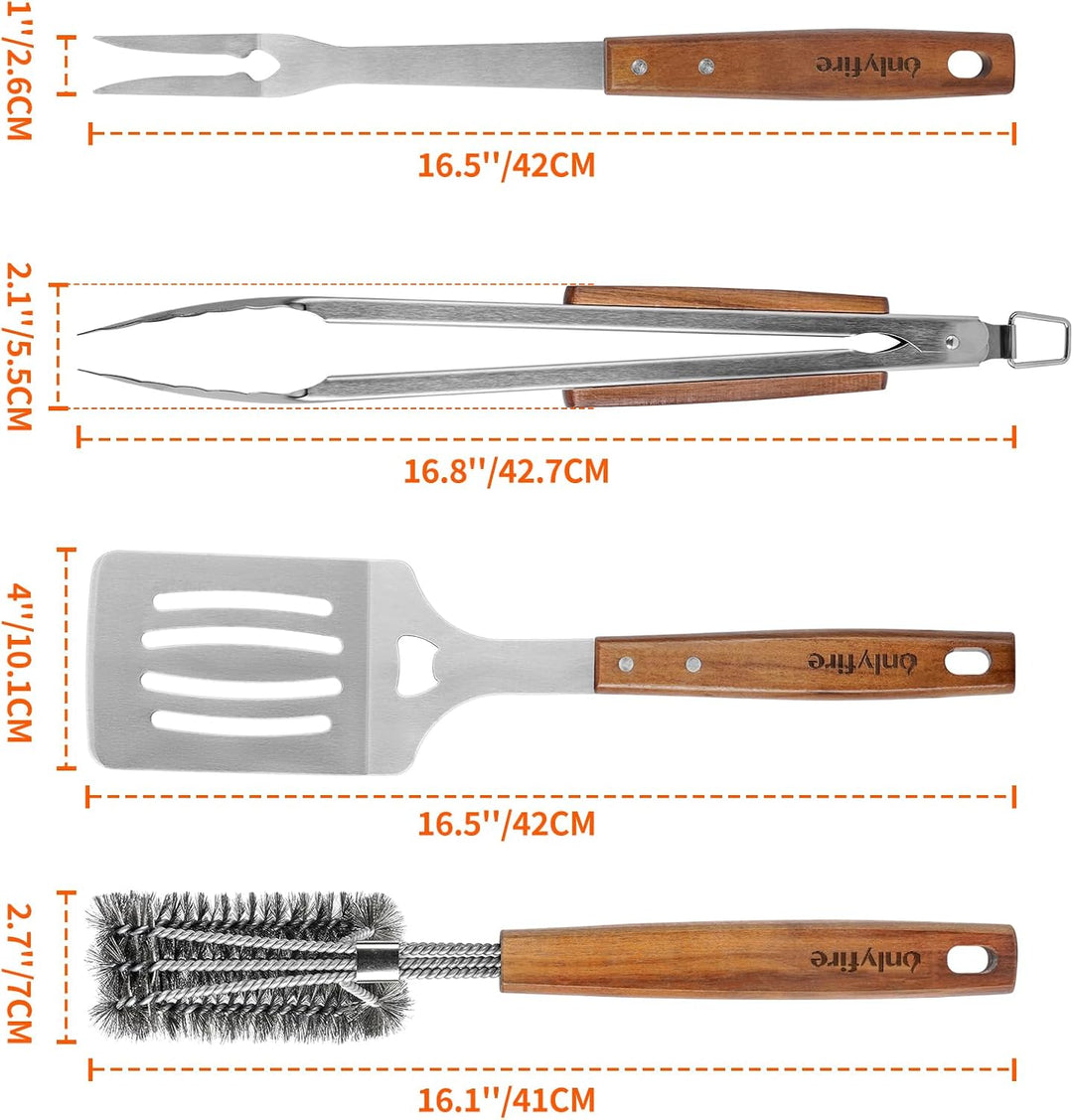 onlyfire Grillbesteck Set 4-TLG, Grill Zubehör Set Enthält Grillzange, Grillwender, Fleischgabel und